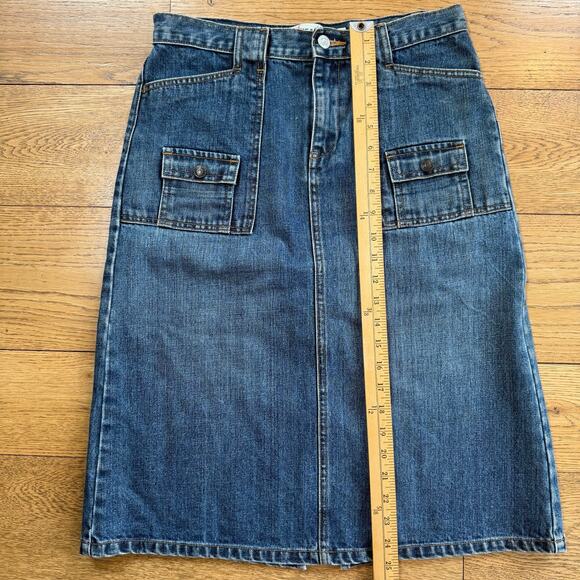 Genuine Y2K Gap Denim Midi Skirt Flap Pockets SZ 4 Med Wash Stretch - Picture 8 of 9